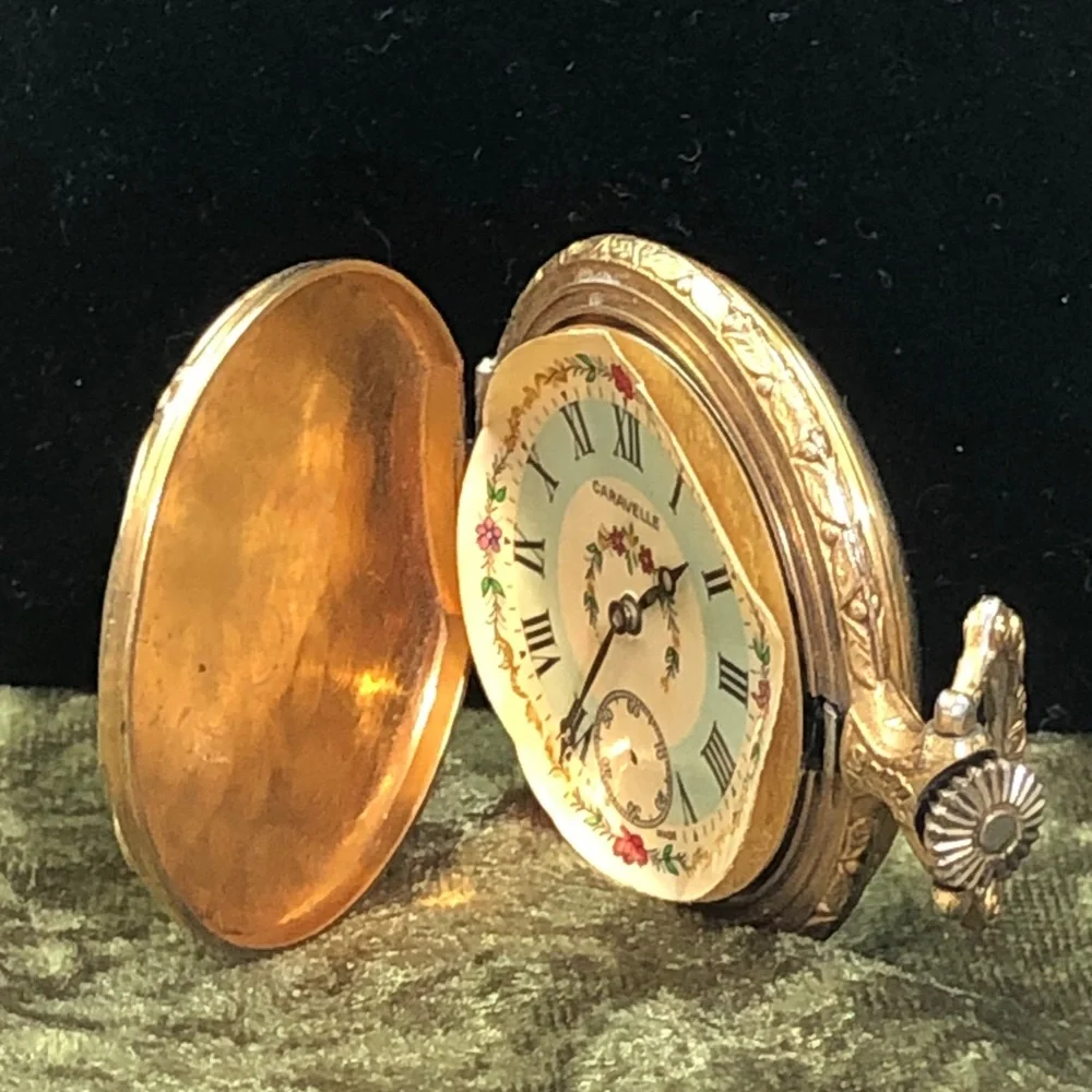 Gold Tone Floral Pocket Watch easy to change face. Victorian dancers